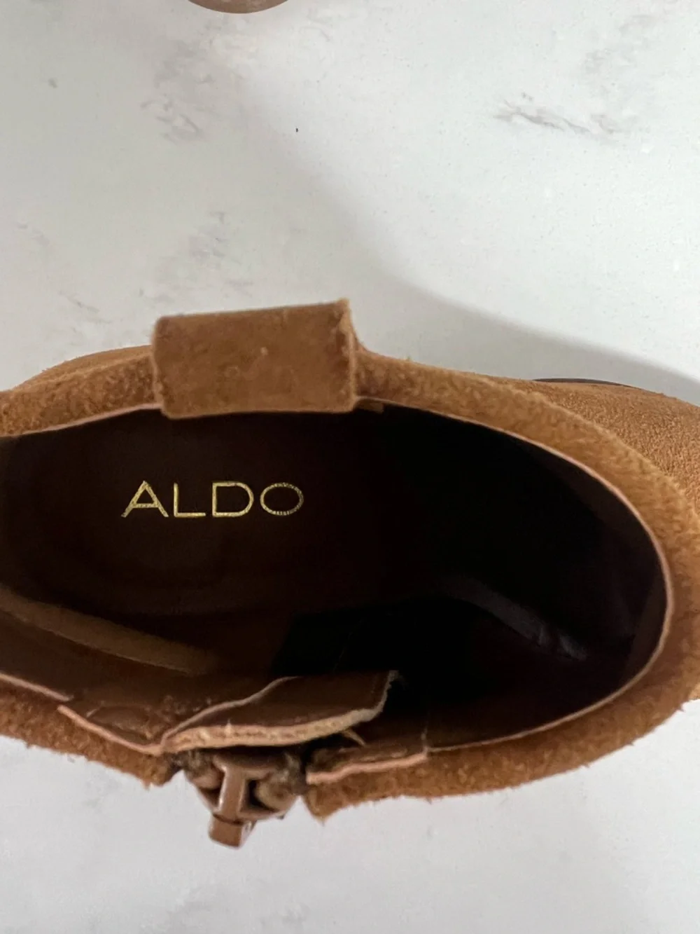 Aldo Cognac Suede Peep-Toe Block Heel Ankle Booties size 6 - Picture 3 of 12